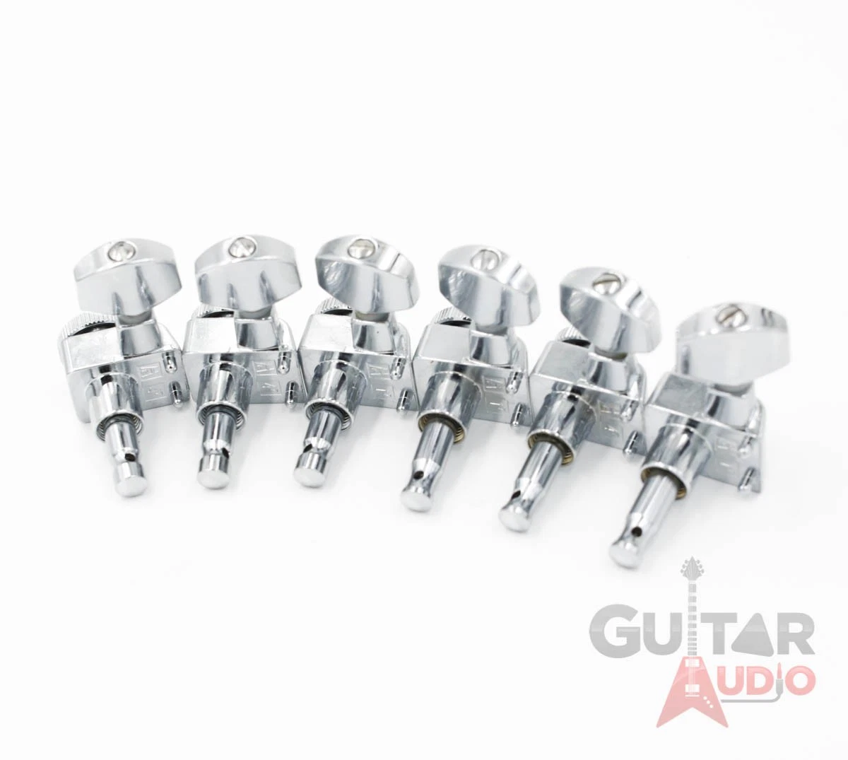 Sintonizadores originales Fender BLOQUEO CROMADO 6 en línea 2 pines Strat/Tele F Logo Máquinas