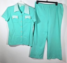 Vintage 70s Mint Green Polyester 2 Piece Pant Suit Set Leisure Wide Collar Sz M