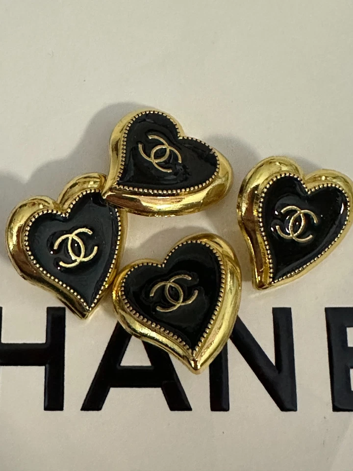 4 VINTAGE CHANEL BUTTONS Hearts, Gold  & Black  CC Heart Button Stamped - Image 2 of 4