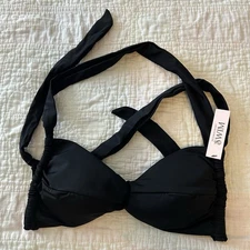 Victorias Secret Bikini Top MEDUIM Black Padded Ruffle Halter Wide Straps