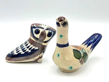 Vintage Tonala Hand Painted Mexican Folk Art Pottery Owl Dove Set of 2 Signed