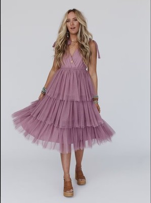 Three Bird Nest Pink Tulle Tiered Ballerina Dress Swiss Dot Tie Shoulder V-Neck 