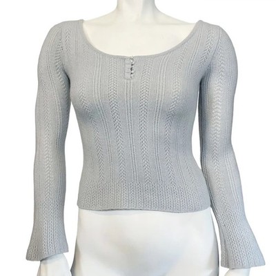 Context Cashmere Cable-Knit Scoop Neck Pullover Sweater Gray XS Long Sleeve