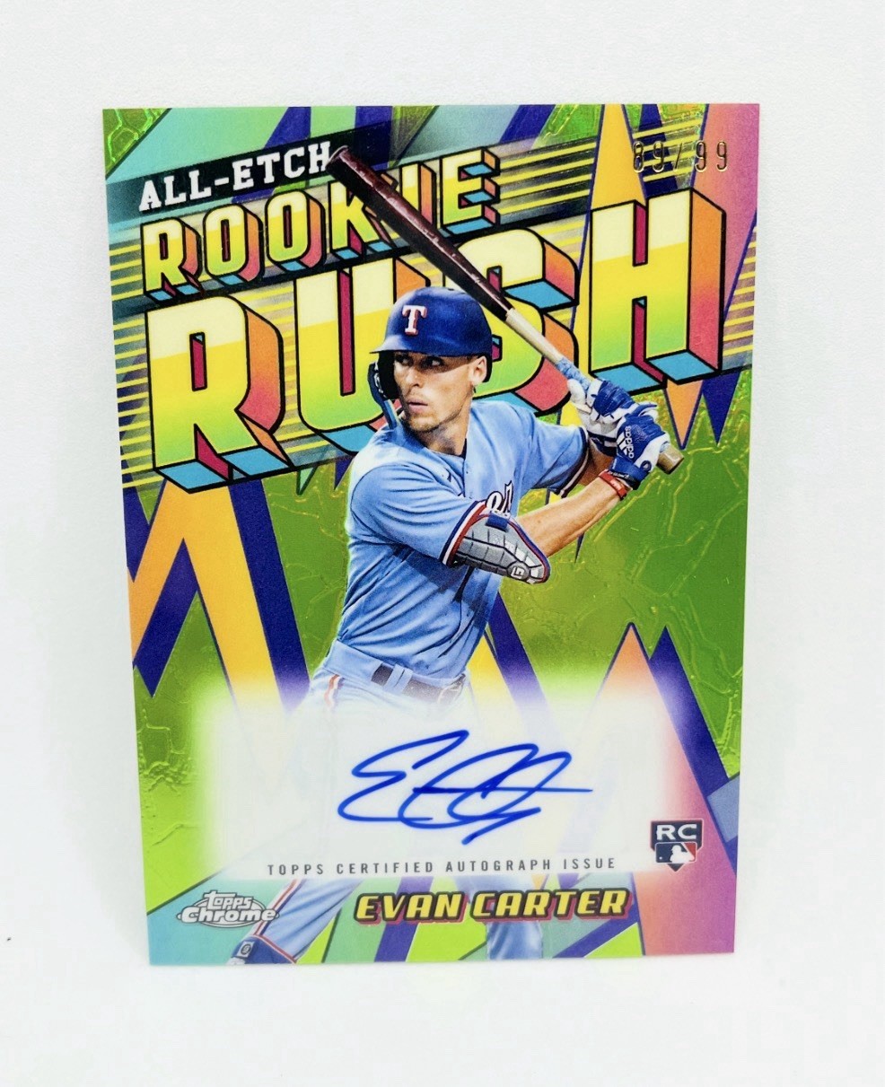 Evan Carter 2024 Topps Chrome All Etch Rookie Rush Auto /99 Rangers SP