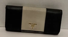 PRADA Authentic Vintage Black Beige Leather Logo Wallet Envelope Large Clutch
