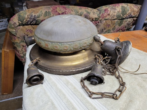 Vintage Victorian Hanging Chandelier Early 1900s Brass Rim Glass Globe Ornate