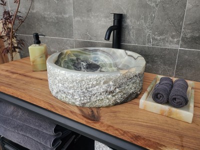 Green and Gray Onyx Stone Vessel Bathroom Sink, 15.5 x 4.7 inch Round Stone Sink