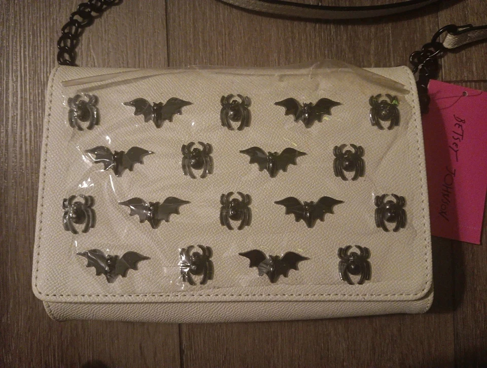 Betsey Johnson Chalk Faux Leather Crossbody Black Spider Skull Stud Accents NWT