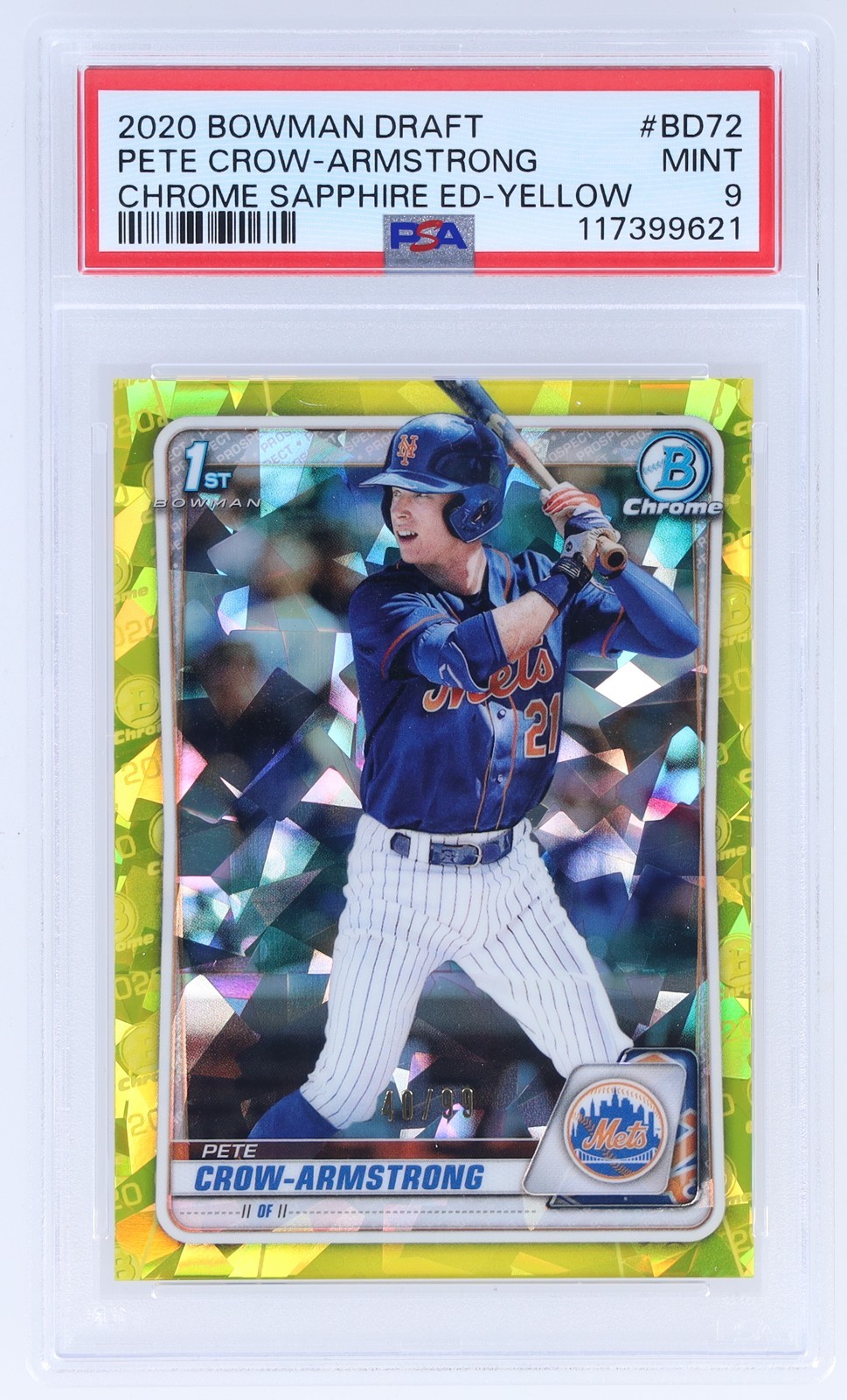 2020 Bowman Draft Sapphire Pete Crow-armstrong #BD72 PSA 9 Chrome Yellow 40/99