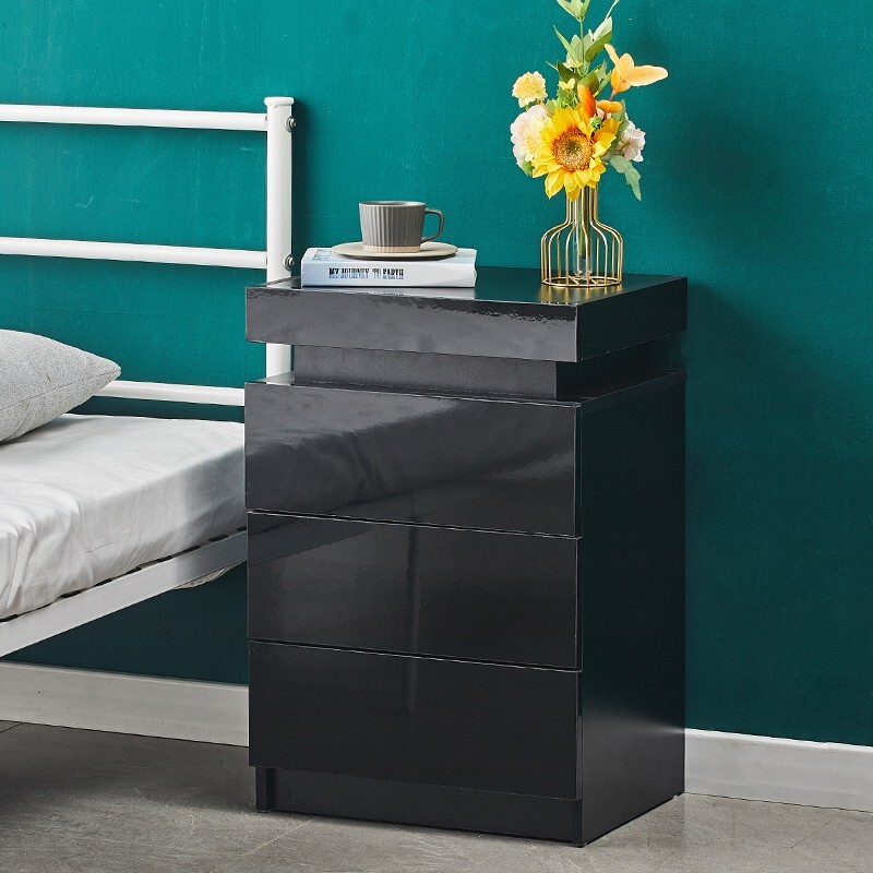 Black High Gloss Nightstand LED Light Bedside Table Cabinet 3 Drawer Bedroom