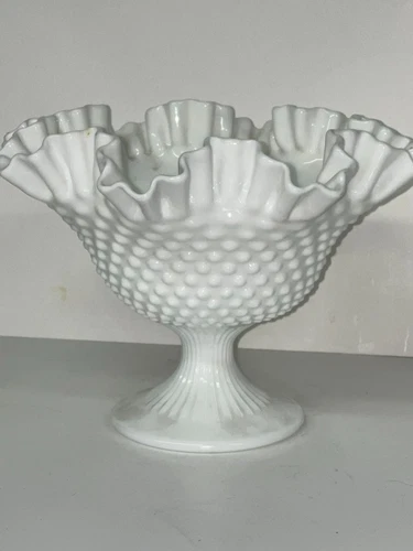 Vintage Fenton White Milk Glass Hobnail Footed 9" Compote Bowl Ruffled Edge