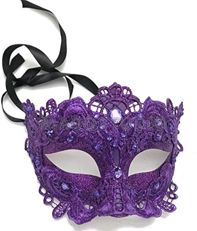 Purple Masquerade Lace Mask Pair Mardi Gras Costume Carnival Theme Party Wear - Image 4 of 4