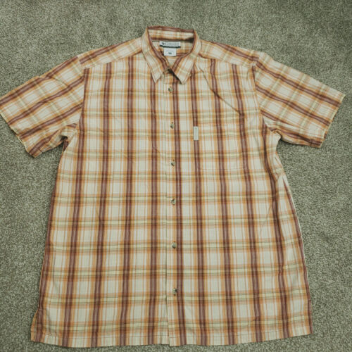 COLUMBIA Button Shirt Men Large Beige Plaid Short Sleeve Cotton GENTLE USE - Picture 1 of 23