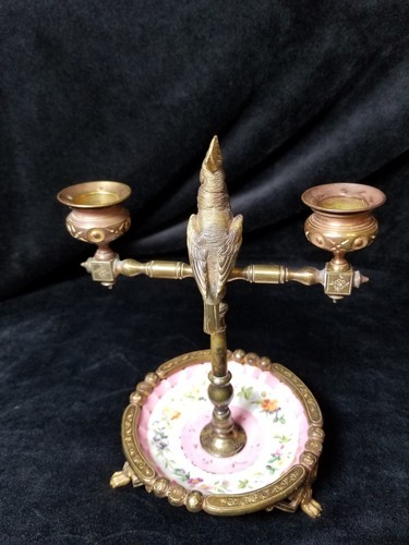 Antique Footed Bronze Pin Tray With Perched Cockatoo Candelabra RARE! - Picture 4 of 16