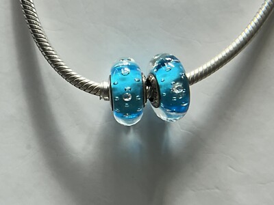 SET of 2 nRetired PANDORA Pale Blue Murano Glass Charm #791618CZ