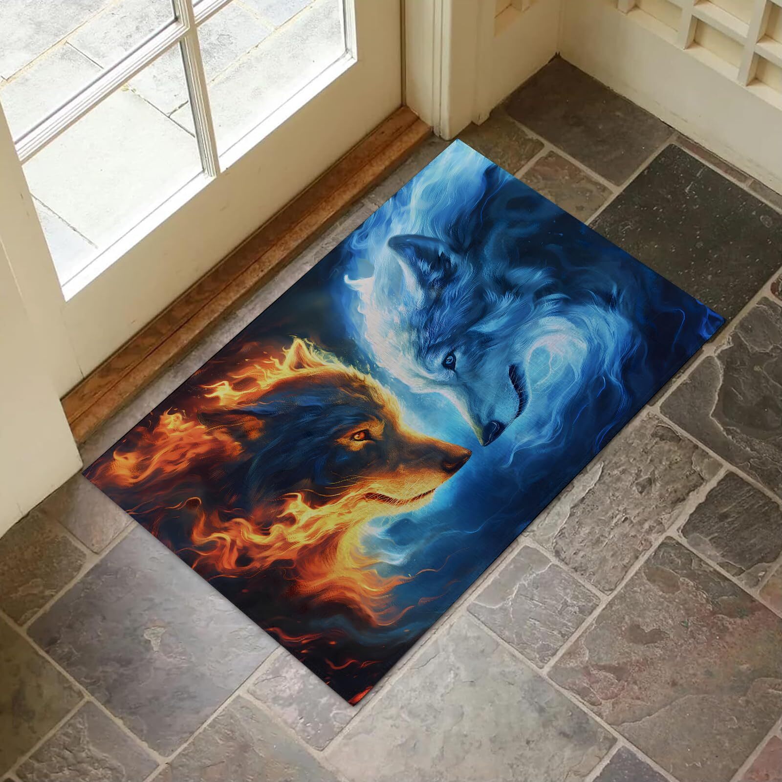 17x29.5 inch Fire and Ice Wolves Indoor Door Mat Non-Slip Floor Rug Decor