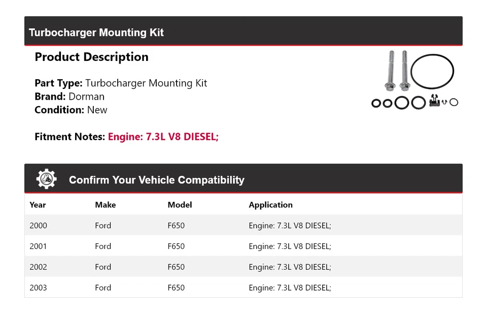 Kit de montaje de turbocompresor Dorman diésel 7,3 L V8 2001 para Ford F650 2000-2003 Foto 2 de 4