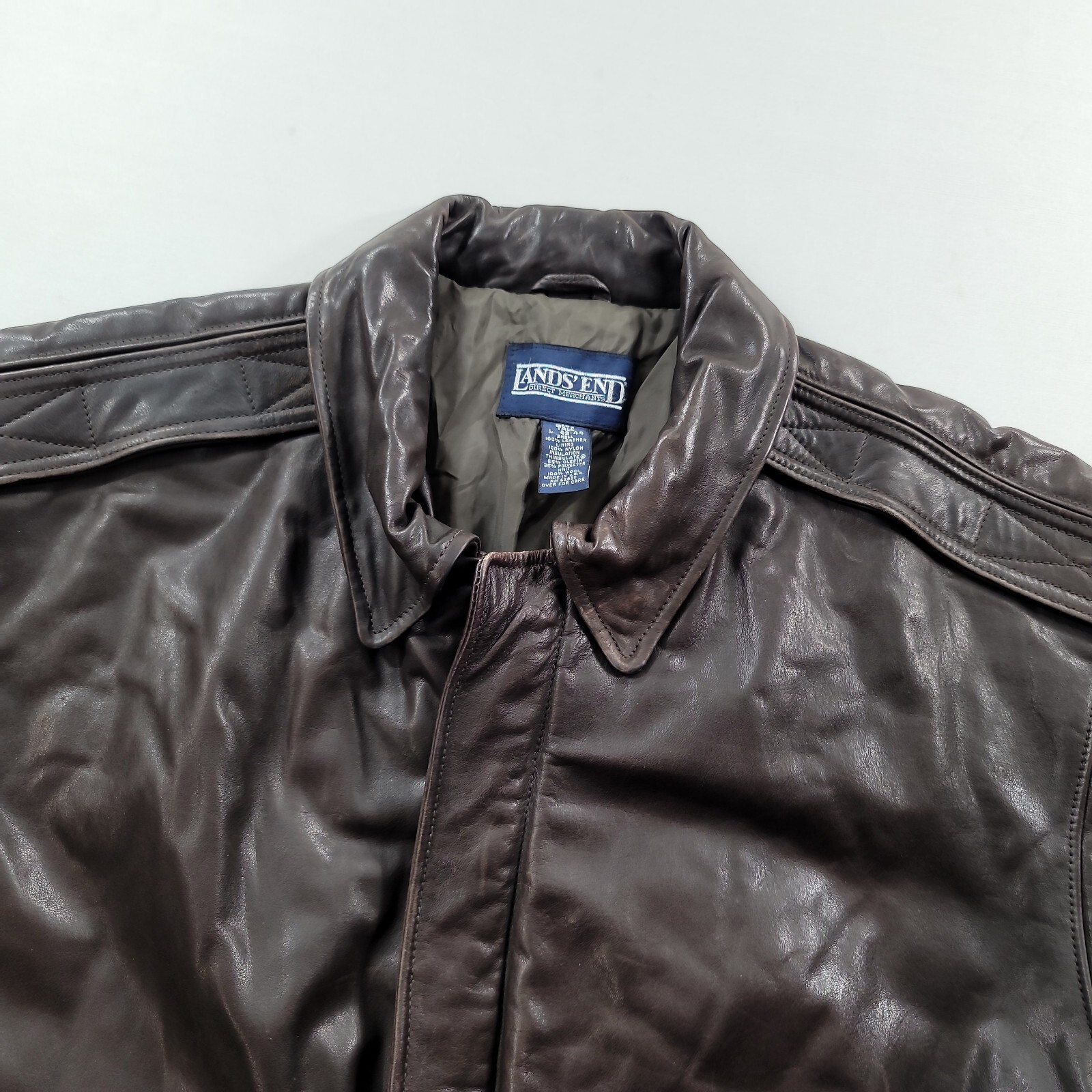 Lands End Leather Bomber Jacket Men Large Tall LT Brown Flight A2 Made