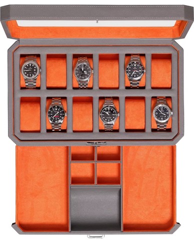 12 Slot Leather Watch Box with Valet Drawer - 12 Slot Luxury Watch Case Displ...
