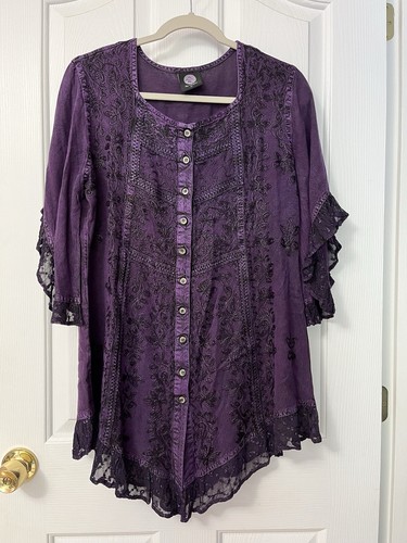 Himalayan Arts by Yeshi Blouse Large Boho Fairycore Embroidered Festival Purple
