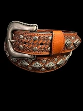 Native American Belt With Rhinestones & Hand Tooled Leather Belts Handtooled