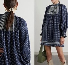 Doen Beatrice Dress Organic Cotton XS Navy Floral Smock Mock Neck Dress $300 