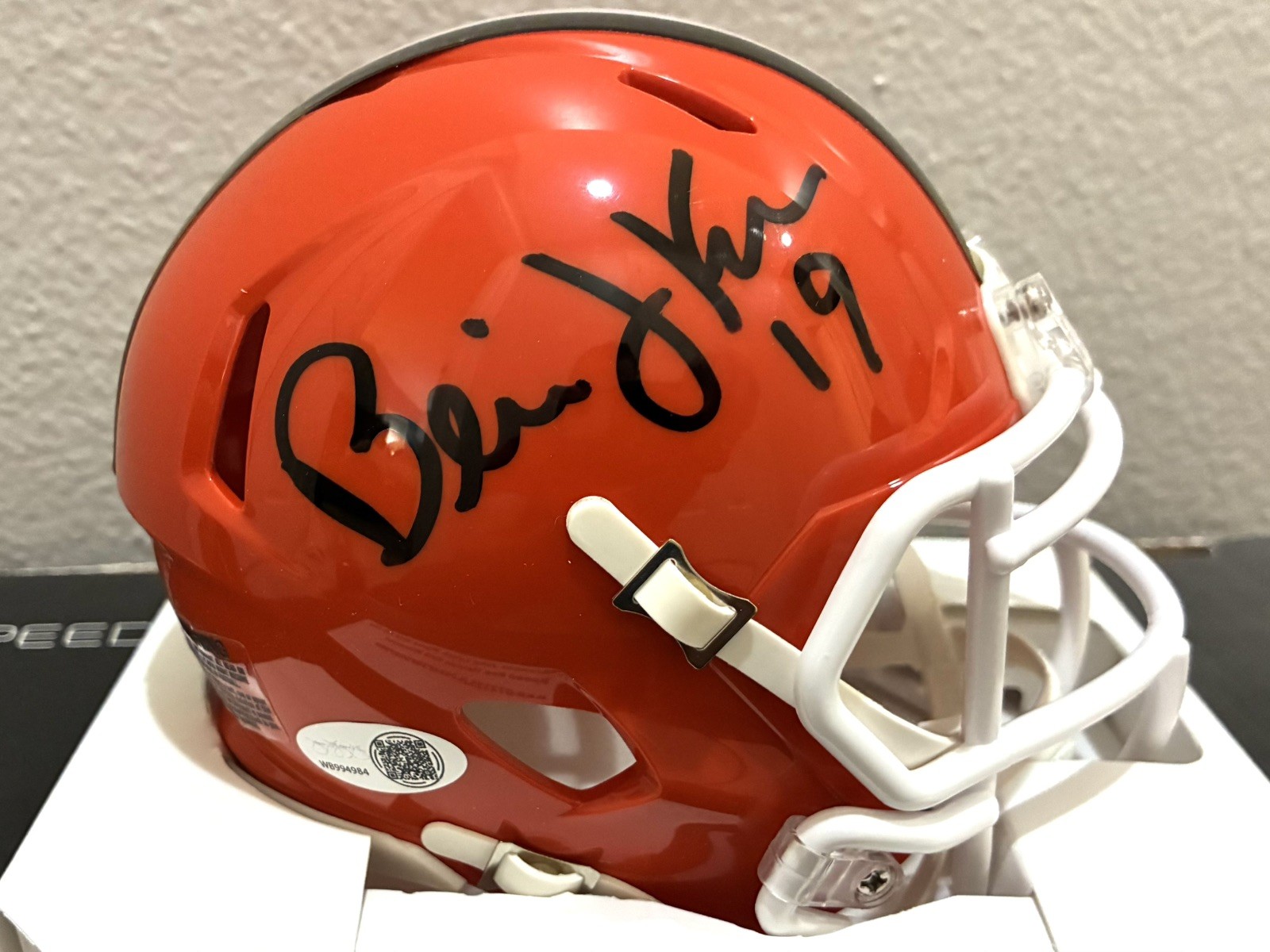 Bernie Kosar Autographed Signed Cleveland Browns Authentic hand- Speed Mini Helmet. JSA 