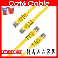 2 x Cat 6 Patch Cord Yellow Cat6 Cable Ethernet RJ45 Connectors Internet Wire