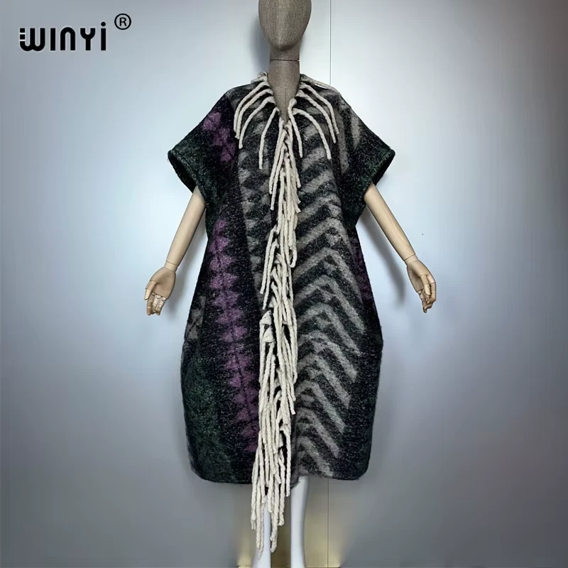 Winter Designer Top Woman Cloak Open Abaya Poncho Long Maxi Overcoat Thick Warm - Image 2 of 4