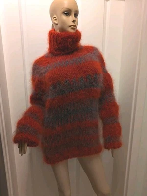 Flauschig Pullover Mohair  Strickpullover Rollkragen Warmes Rot Mit Grau  - Bild 1 von 4