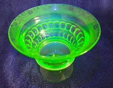 Large Vaseline Etched Depression Glass Compote Pedestal Fruit Bowl