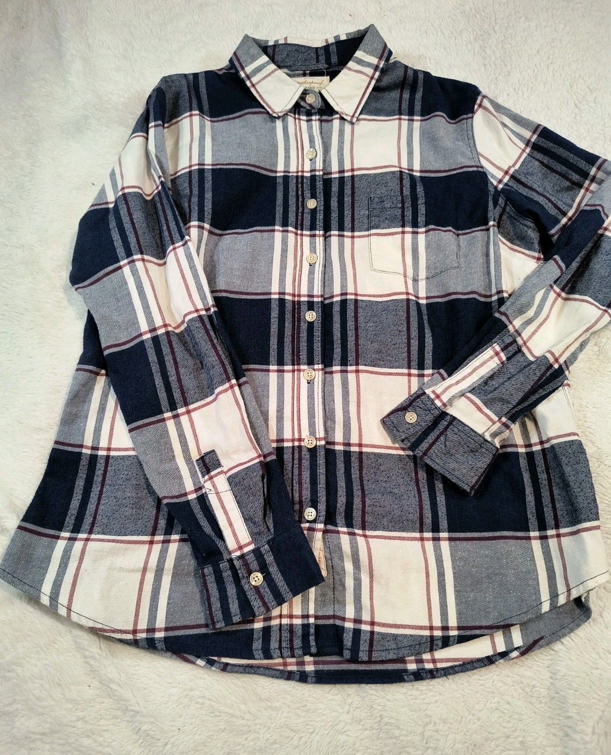 Weatherproof Vintage Women's L Plaid Flannel Shirt Comfort Stretch Navy Blue