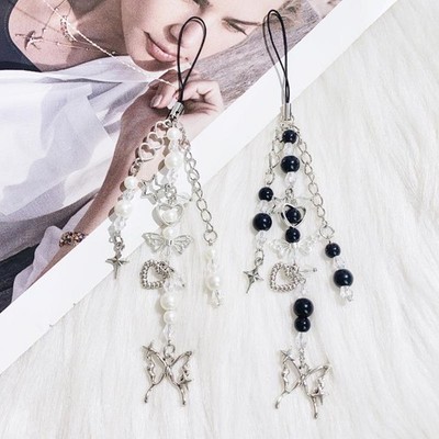 Phone Charm Strap Y2K Keychain Butterfly Heart Shape Pendant Beaded Keyring