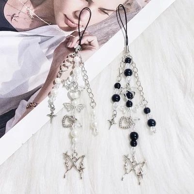 Phone Charm Strap Y2K Keychain Butterfly Heart Shape Pendant Beaded Keyring