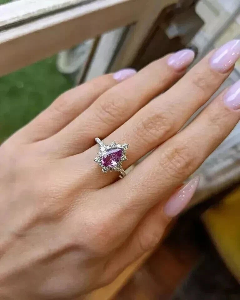 Anillo de bodas de moissanita de zafiro rosa natural AAA de 2,40 quilates... - Imagen 2 de 4