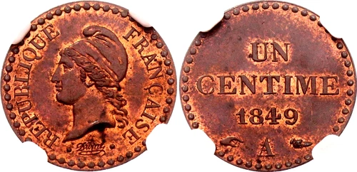 France 1 Centime 1849 A NGC MS63 RB KM# 754 Bronze Coin Accent on the E