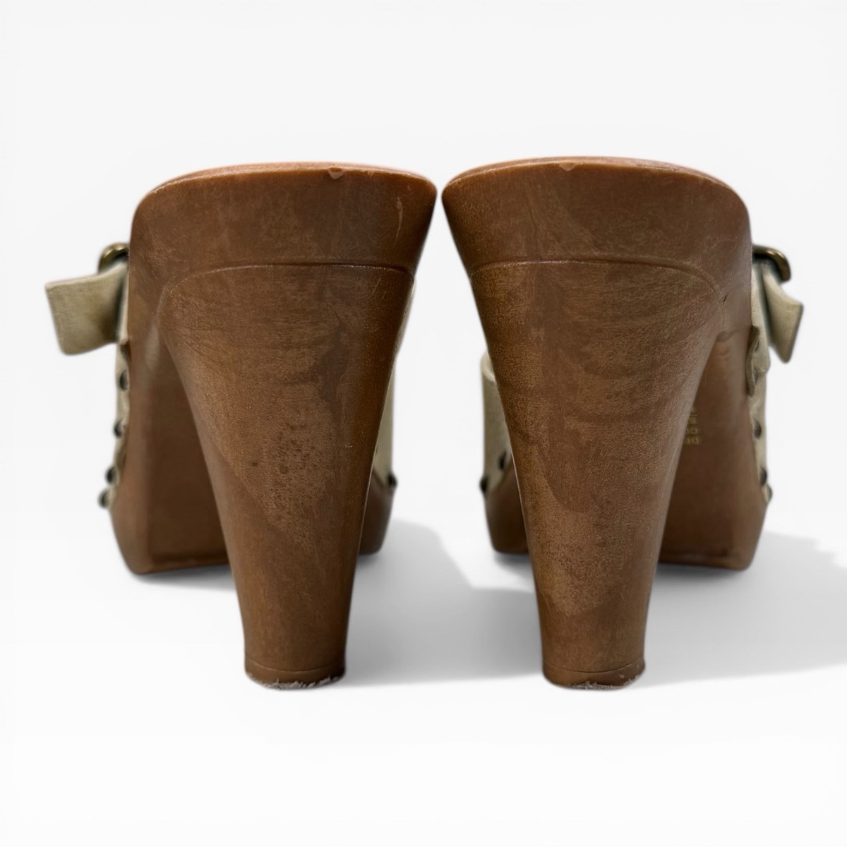 Y2K Platform Wooden Heels Mules Light Beige Suede Leather Studded