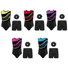 Kids Girls Set Competition Outfit Leotard Dancewear Ballet Round Neck Bodysuit