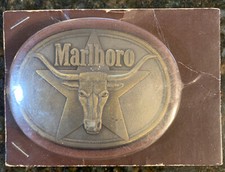 NOS Marlboro Vintage Texas Longhorn cowboy Philip Morris Solid Brass Belt Buckle