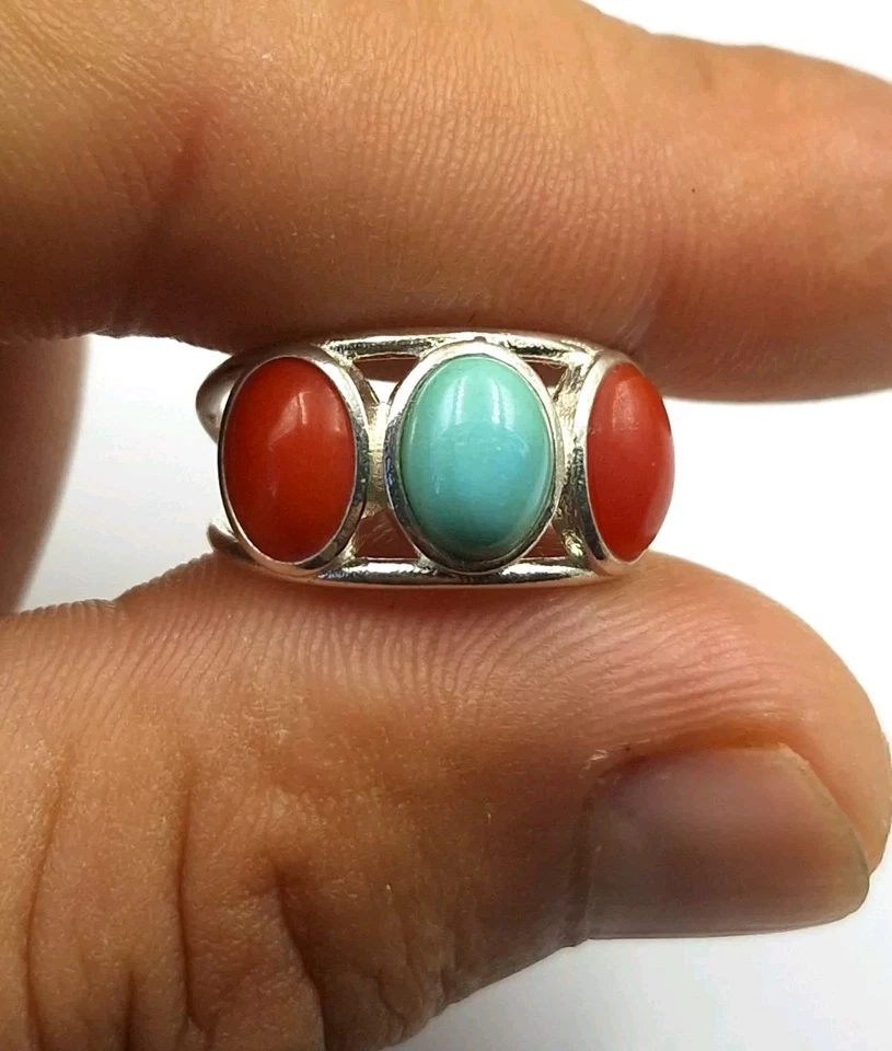 anello donna corallo rosso Sardegna Turchese naturale argento 925 regolabile - Immagine 4 di 4