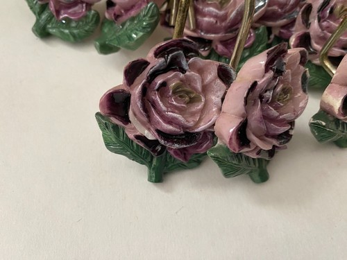12 USED Vintage Purple Rose Green Leaf Resin Shower Curtain Hooks - Picture 6 of 16
