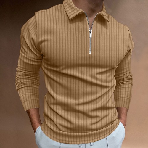 T-Shirt Herren Langarm Poloshirt Zip Neck Business Freizeit Oberteile Gerippt Training - Bild 17 von 36
