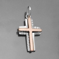 Design Zirkonia Kreuz AnhäNger Zur Taufe Kommunion Rosè Gold + Kette Silber 925