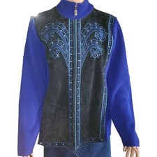 Nwt Bob Mackie Wearable Art Suede Sweater Blue Black Leather Embroidered Sz L