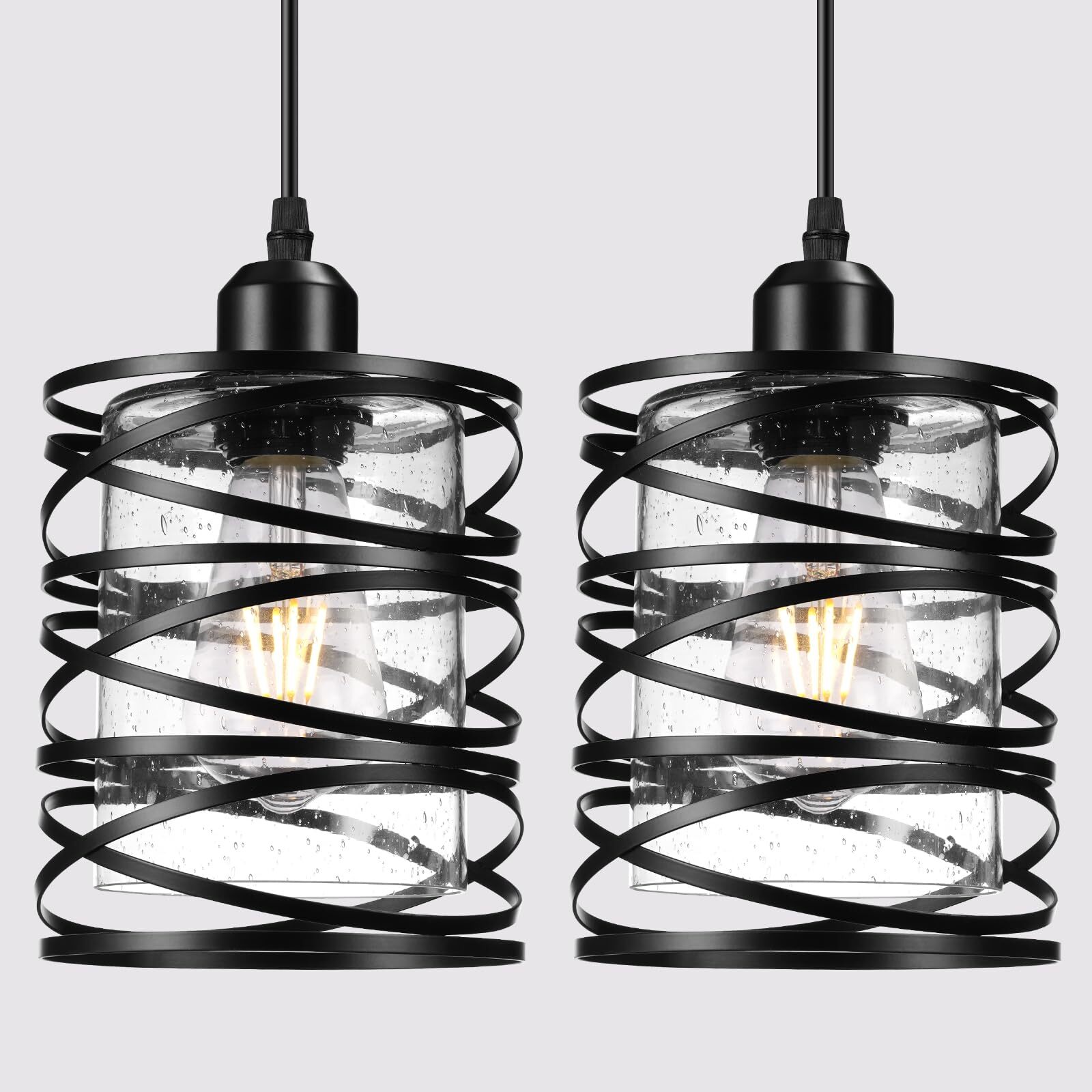 2 Pack Black Farmhouse Pendant Lights with Seeded Glass for Kitchen Island