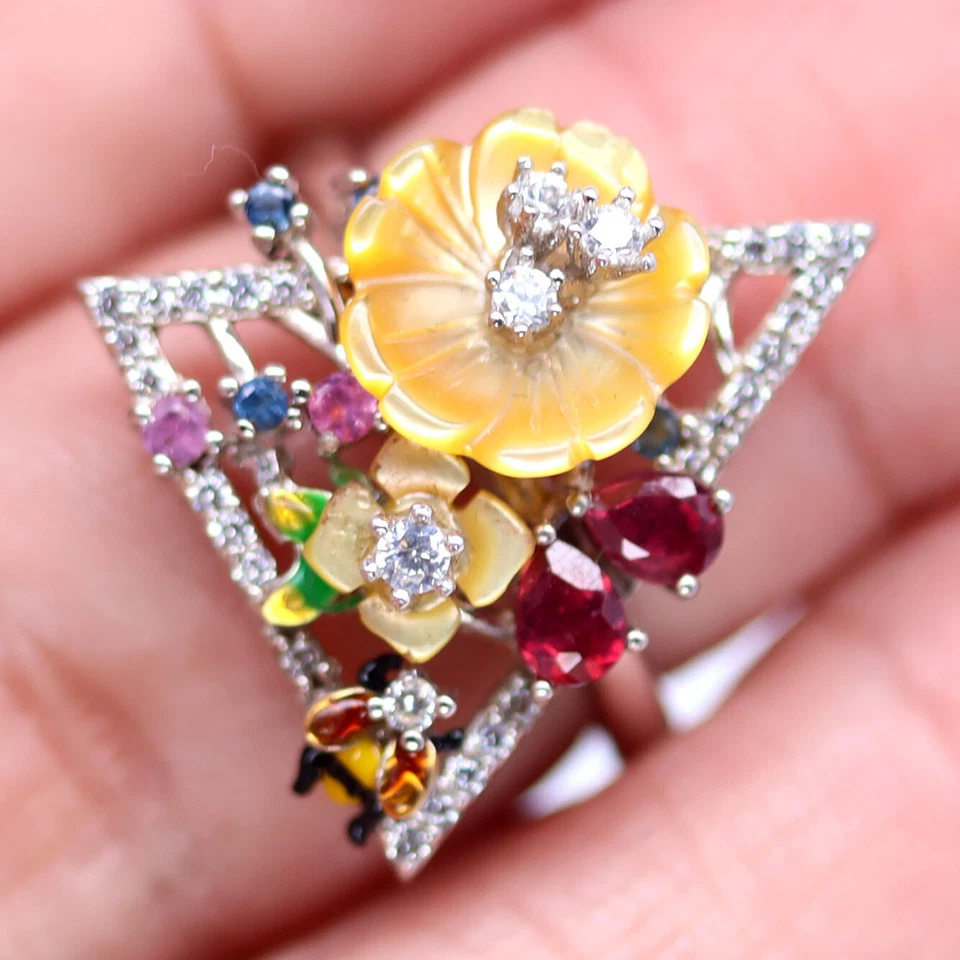 925 Silver Yellow Mother Of Pearl, Ruby, Sapphire, Zircon & Enamel Ring Size 6.5 - Image 2 of 4