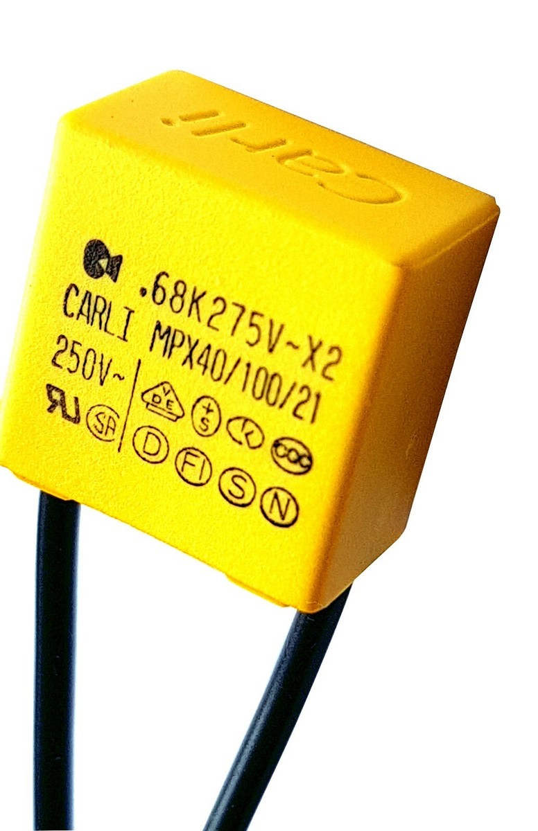 0.22uF, 0.47uF, 0.68uF 275V X2 capacitor, flexi wire lead 40