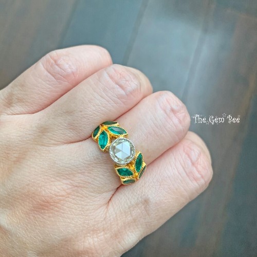 18k Yellow Gold 1.07CT Rose cut Diamond 1.79CT Emerald Flower Leaf Ring Size 6 - Picture 4 of 8