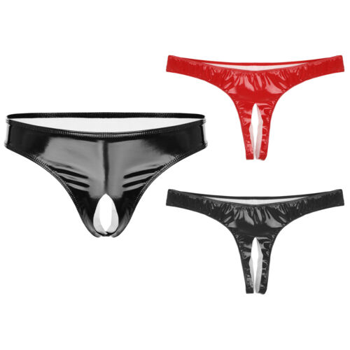 Men Patent Leather Briefs Low Rise Crotchless Thongs Wet Look Sleepwear Clubwear - Picture 1 of 32