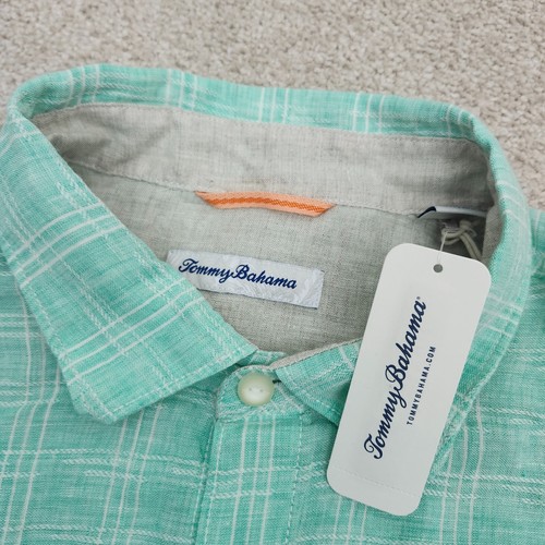 Tommy Bahama Men's Large Ventana Plaid Turquoise Cabbage 100% Linen Longsleeve - Picture 3 of 9